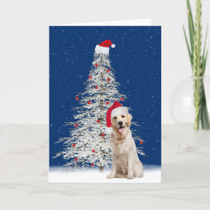 Tarjeta Festiva Navidades Golden Retriever con árbol blanco