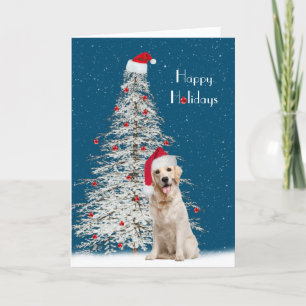 Tarjeta Festiva Navidades Golden Retriever con árbol blanco