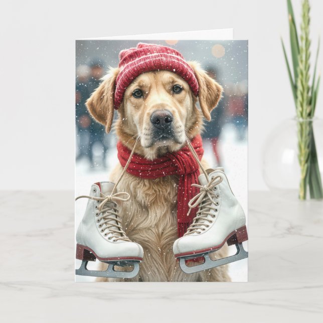 Tarjeta Festiva Navidades Golden Retriever con patines de hielo (Anverso)