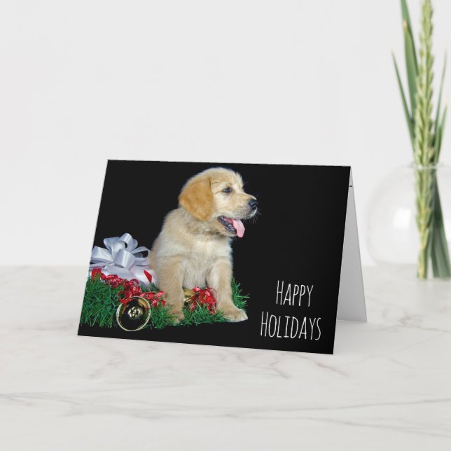 Tarjeta Festiva Navidades Golden Retriever con regalo (Anverso)