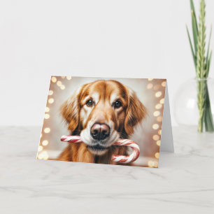 Tarjeta Festiva Navidades Golden Retriever con un bastón de canto