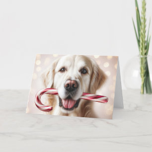 Tarjeta Festiva Navidades Golden Retriever con un bastón de canto