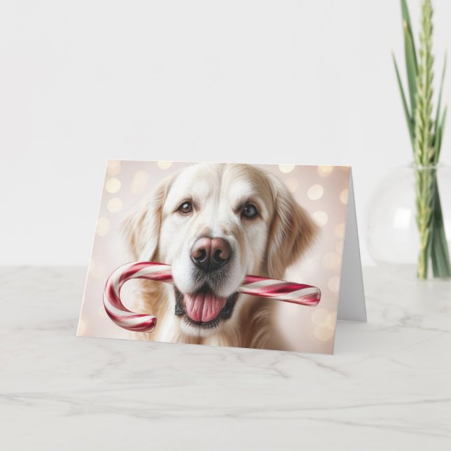 Tarjeta Festiva Navidades Golden Retriever con un bastón de canto (Anverso)
