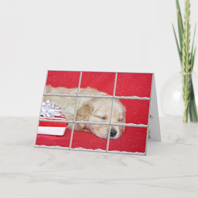 Tarjeta Festiva Navidades Golden Retriever Cuppy en una ventana ne (Anverso)