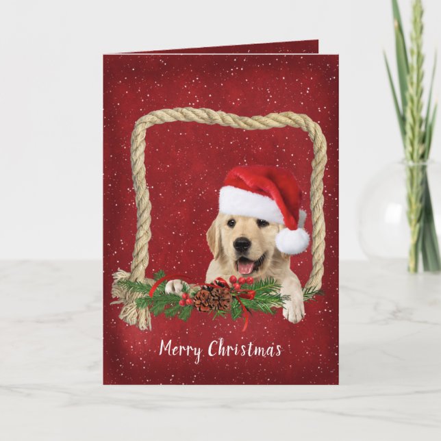 Tarjeta Festiva Navidades Golden Retriever en el marco de la cuerd (Anverso)