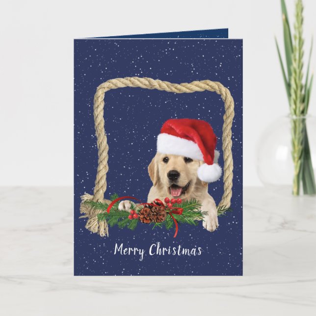 Tarjeta Festiva Navidades Golden Retriever en el marco de la cuerd (Anverso)