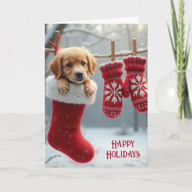 Tarjeta Festiva Navidades Golden Retriever in a Stocking (Anverso)
