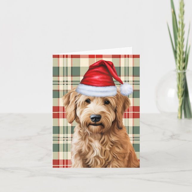 Tarjeta Festiva Navidades Goldendoodle Dog Red Green Plaid (Anverso)