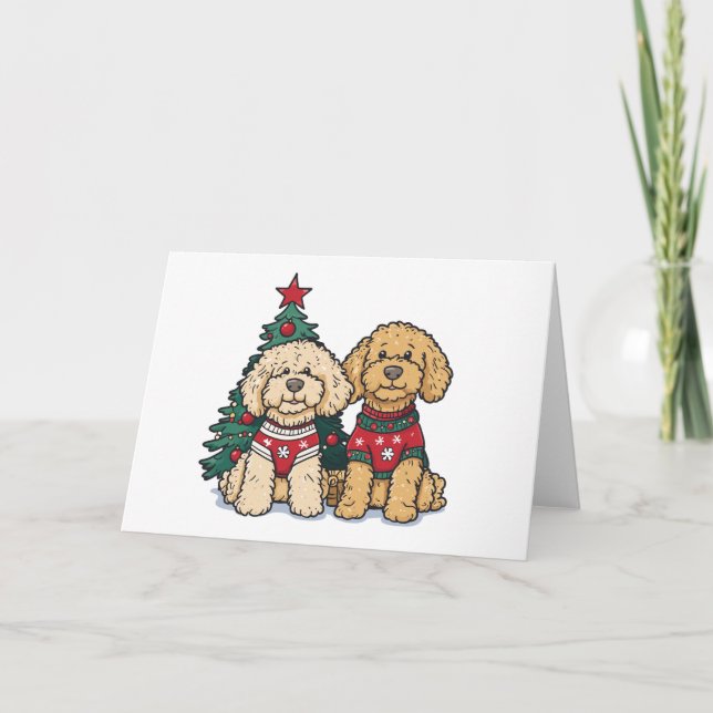 Tarjeta Festiva Navidades Goldendoodle Dogs (Anverso)