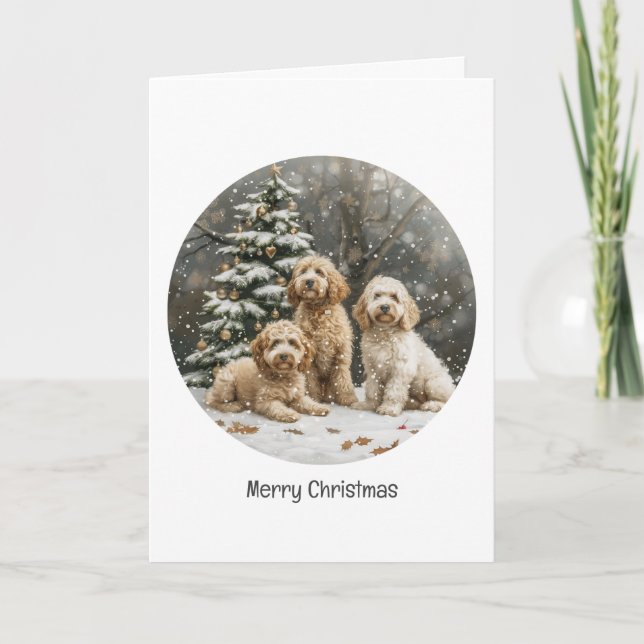 Tarjeta Festiva Navidades Goldendoodle Puppy Dogs (Anverso)