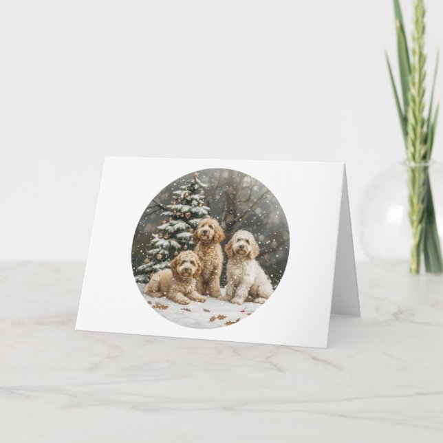 Tarjeta Festiva Navidades Goldendoodle Puppy Dogs (Anverso)