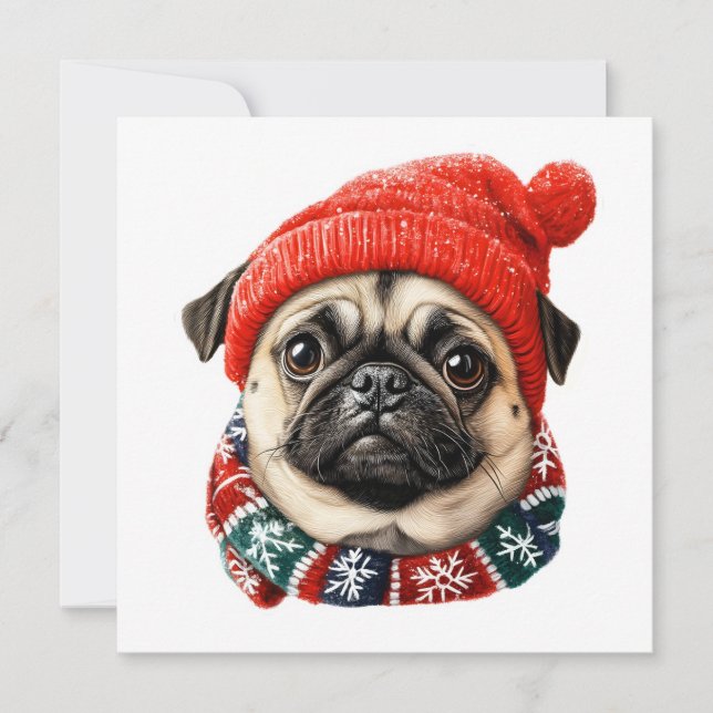 Tarjeta Festiva Navidades gorra pug lindo (Anverso)
