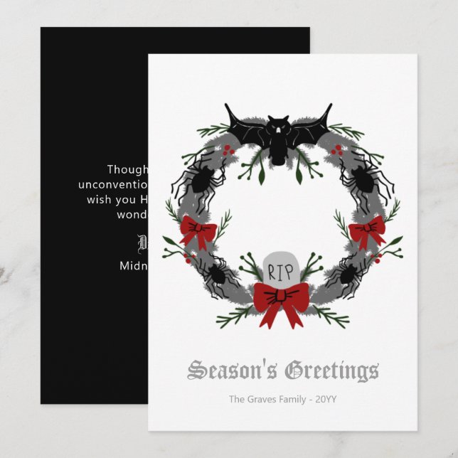Tarjeta Festiva Navidades góticos Wreath Bat Holiday Card (Anverso / Reverso)