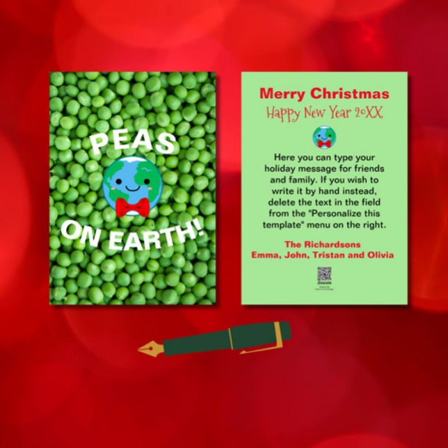 Tarjeta Festiva Navidades graciosos "Peas en la Tierra" Punny educ (Spread holiday cheer with this funny, punny, cute "Peas on Earth" Christmas card! )