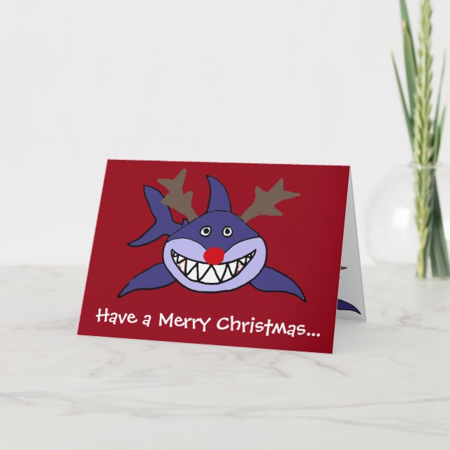 Tarjeta Festiva Navidades graciosos reno tiburón (Anverso)
