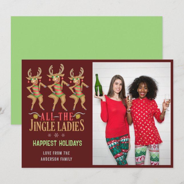 Tarjeta Festiva Navidades graciosos renos y damas gemelas (Anverso / Reverso)