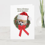 Tarjeta Festiva Navidades, Gran Nieto, Perro Pomeraniano<br><div class="desc">Este adorable cachorro pomeraniano está listo para Papá Noel en esta tarjeta de Navidades de colores para un bisnieto.   El pequeño perro lleva un gorra de Papá Noel y una cinta roja brillante.</div>