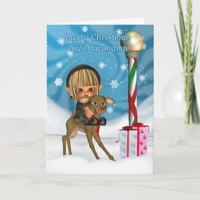 Tarjeta Festiva Navidades Gran Rina Elf, Rudolf, Norte (Anverso)