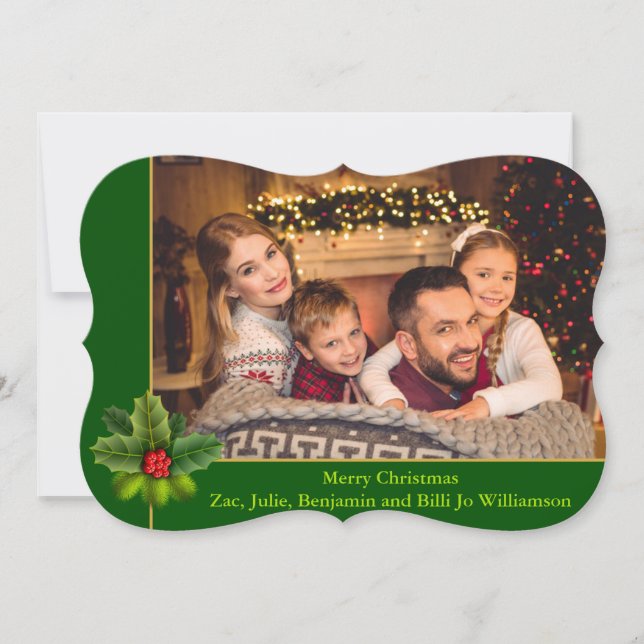 Tarjeta Festiva Navidades Green and Gold Frame Fancy Trim Photo (Anverso)