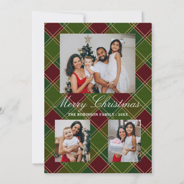 Tarjeta Festiva Navidades Green Buffalo Red Plaid 4 Collage de fot (Anverso)