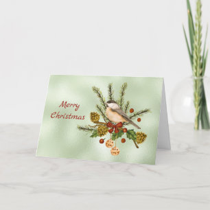 Tarjeta Festiva Navidades Green Chickadee Greenery Watercolor
