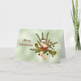Tarjeta Festiva Navidades Green Chickadee Greenery Watercolor