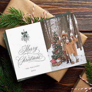 Tarjeta Festiva Navidades Green Holly Berry Bouquet Foto plana