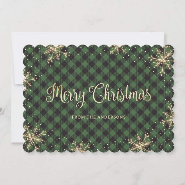 Tarjeta Festiva Navidades Green Plaid Gold con espumosos copos de  (Anverso)