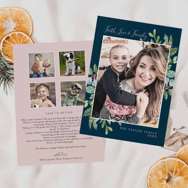 Tarjeta Festiva Navidades Greenery Faith Love & Family Newsletter (Subido por el creador)