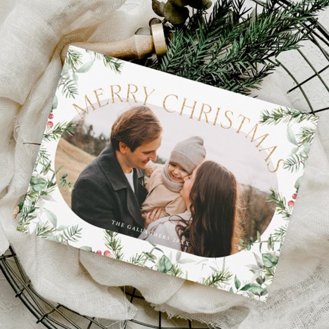 Tarjeta Festiva Navidades Greenery Foliage Gold Purpurina Photo (Christmas foliage greenery photo holiday card.)