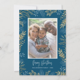 Tarjeta Festiva Navidades Greenery Gold y Blue 2 Photo