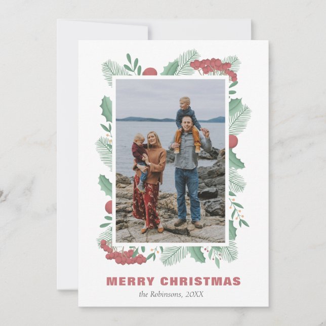 Tarjeta Festiva Navidades Greenery Photo Personalizado nombre de f (Anverso)