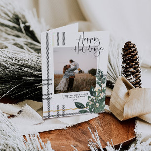 Tarjeta Festiva Navidades Greenery & Plaid Photo