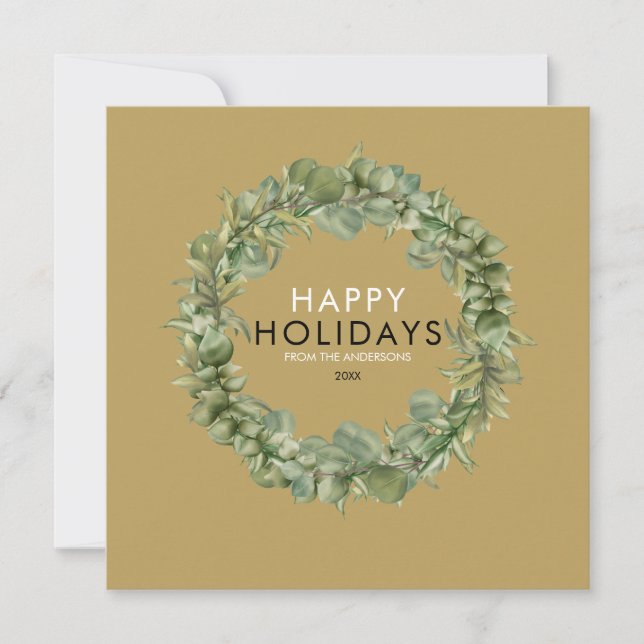 Tarjeta Festiva Navidades Greenery Wreath Elegant Gold Modern (Anverso)
