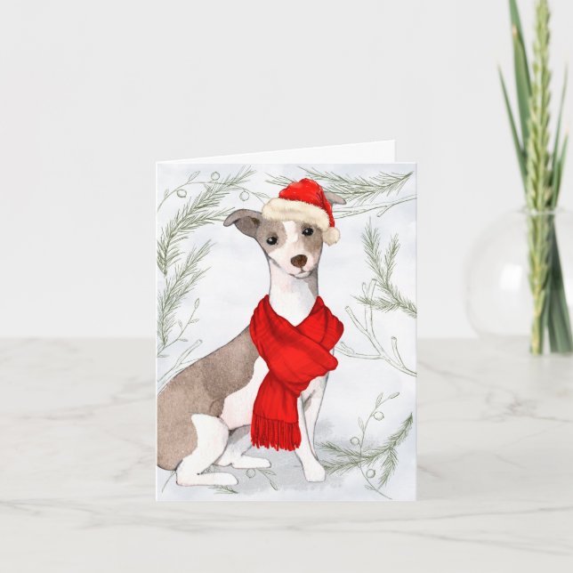 Tarjeta Festiva Navidades Greyhound y Pines Botánicos Italianos (Anverso)