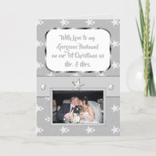 Tarjeta Festiva Navidades grises y blancos con estrellas y fotos