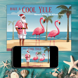 Tarjeta Festiva Navidades Guay Yule Santa y Flamingos Beach