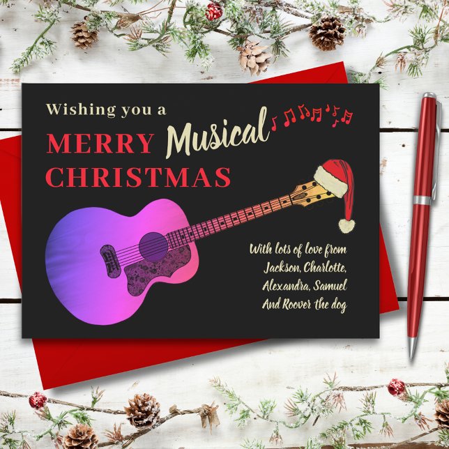 Tarjeta Festiva Navidades Guitarra Acústica Negro y Rosa (Christmas pink acoustic guitar wearing a Santa hat black and gold custom holiday greetings card)