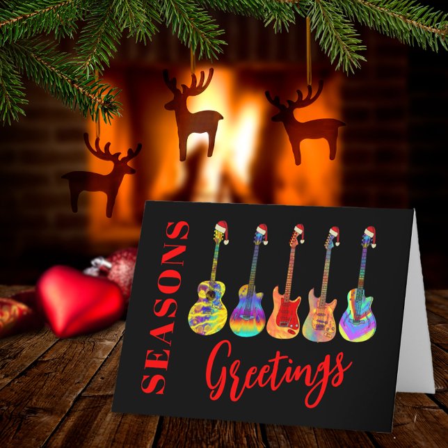 Tarjeta Festiva Navidades Guitars Colorful Seasons Saludos (Music themed Christmas guitars seasons greetings red and black personalized holiday card)