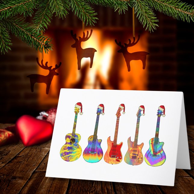 Tarjeta Festiva Navidades Guitars Funky Psychedelic Funny Festimes (Christmas guitars wearing santa hats music themed holiday greetings card)