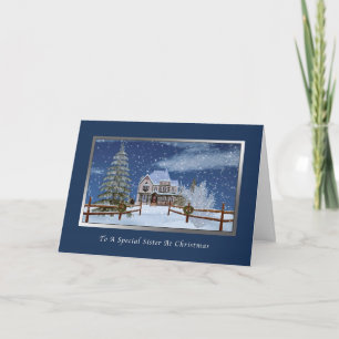 Tarjeta Festiva Navidades, hermana, casa en Snowy Winter Scene