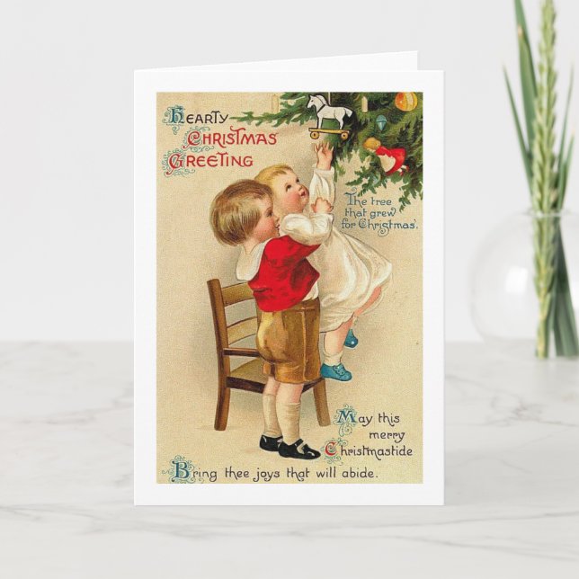 Tarjeta Festiva Navidades, Hermano, Hermana Pequeña, Árbol, Vintag (Anverso)