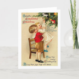 Tarjeta Festiva Navidades, Hermano, Hermana Pequeña, Árbol, Vintag