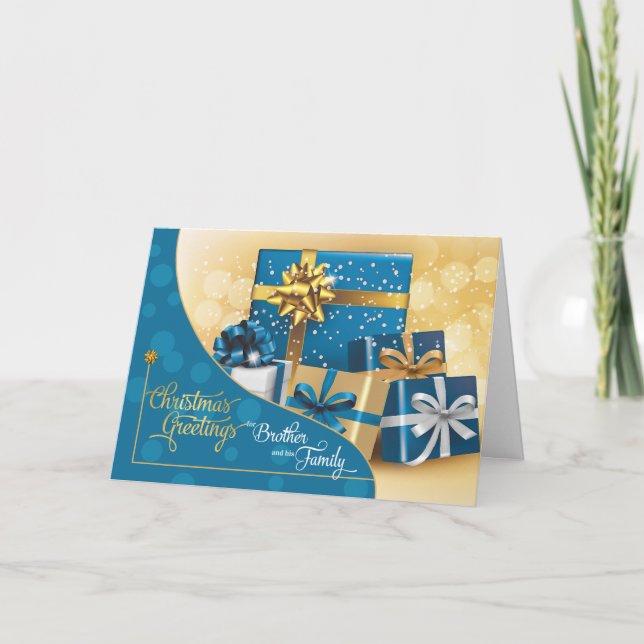 Tarjeta Festiva Navidades Hermano y Familia Azul y Oro Regalos (Anverso)