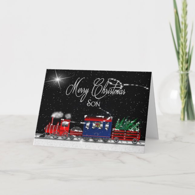 Tarjeta Festiva Navidades - HIJO - Snowy Night Train (Anverso)