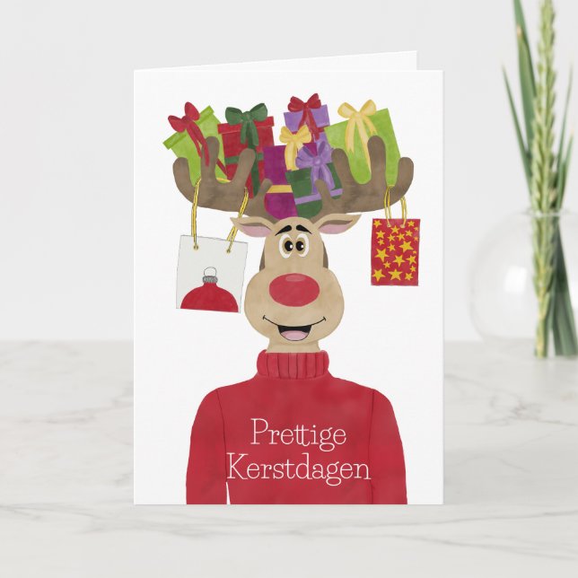 Tarjeta Festiva Navidades holandeses de Prettige Kerstdagen reno (Anverso)
