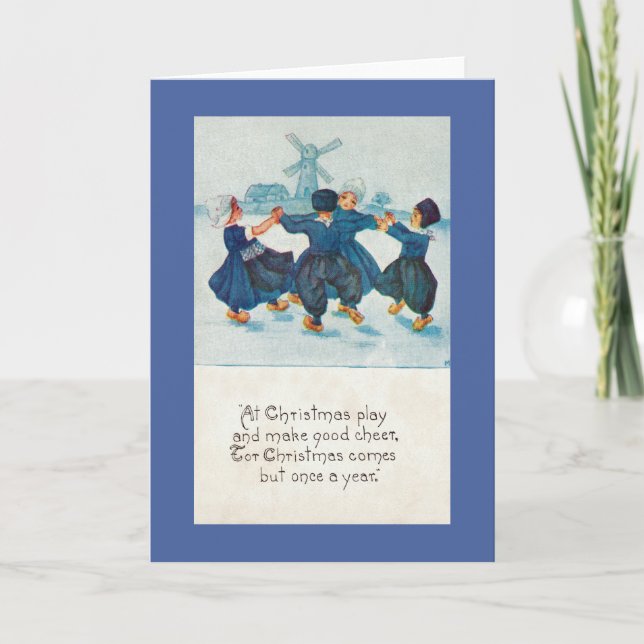 Tarjeta Festiva Navidades holandeses niños bailando, Personalizabl (Anverso)
