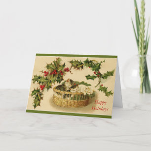 Tarjeta Festiva Navidades Holiday Cute Cats Kittens Basket Holly