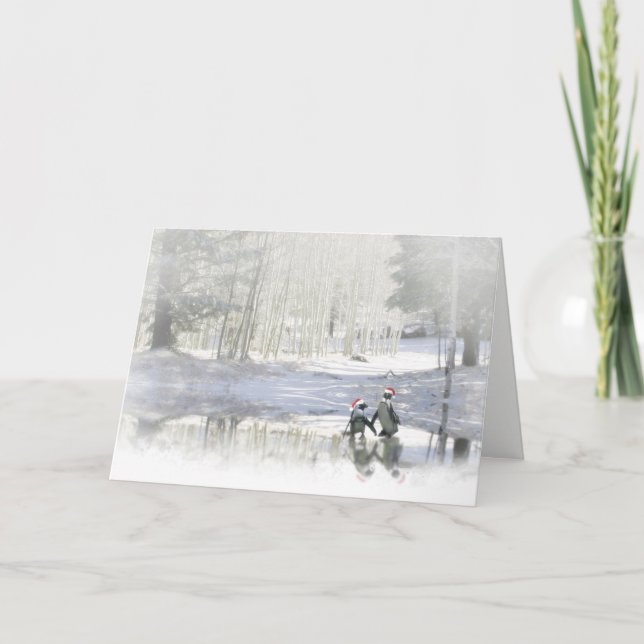 Tarjeta Festiva Navidades Holiday Cute Penguins Patinaje Hielo (Anverso)