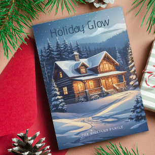 Tarjeta Festiva Navidades Holiday Glow Cabin Árboles y luces nevad